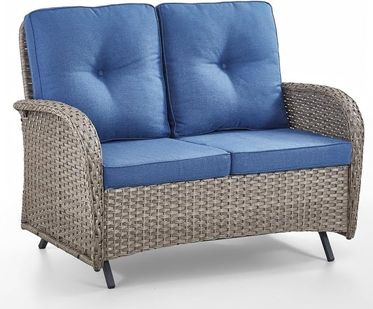 HUMMUH 2-Person Outdoor Glider Bench-All-Weather Wicker Patio Double Swing Rocking Chair Patio Loveseat for Deck Lawn Porch Balcony Poolside-Grey/Blue