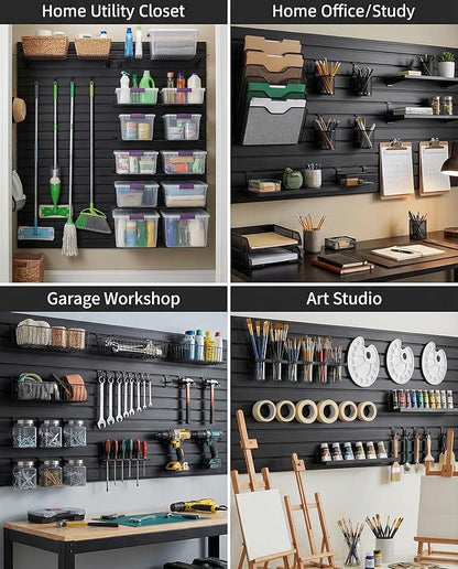 FRAYSCENT Slat Wall Paneling Garage Slat Wall Storage Systems Slatwall Panels Power Tool Organizer Wall Mount, PVC Garage Storage & Organization Products Slate Board (Black, 8ftx4ft with 2H Trim)