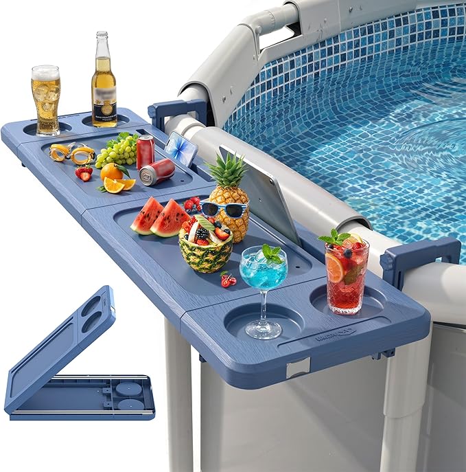 Poolside Bar, 44"×12" Poolside Bar Table with Adjustable Support Bracket Fits Above-ground Pools, Swim Up Bars Capacity Up to 110lbs, Patio Poolside Table Smart Fold ＆Weather Resistant Stable Tabletop