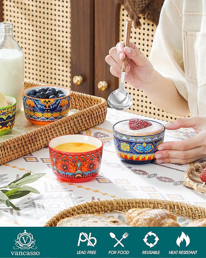 vancasso Ramekins 6 oz Oven Safe, Bohemian Style Creme Brulee Ramekin Set of 6, Porcelain Souffle Dishes Pudding Custard Cups for Baking Ramiken Bowls for Ice Cream