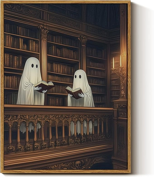 InSimSea Framed Canvas Prints Art Vintage Decor, Cute Reading Ghosts Library Painting, Moody Spooky Dark Academia Wall Art for Bathroom, Halloween Witchy Room Wall Cottagecore Decor, 12x16inch
