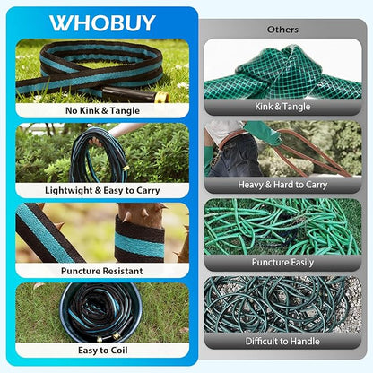 50FT Non-Expandable Garden Hose, Flexible Water Hose with Spray Nozzle, Kink-Resistant, Leakproof 3/4" Brass Connectors, Lightweight & Portable Water Pipe for Yard, Lawn Outdoor