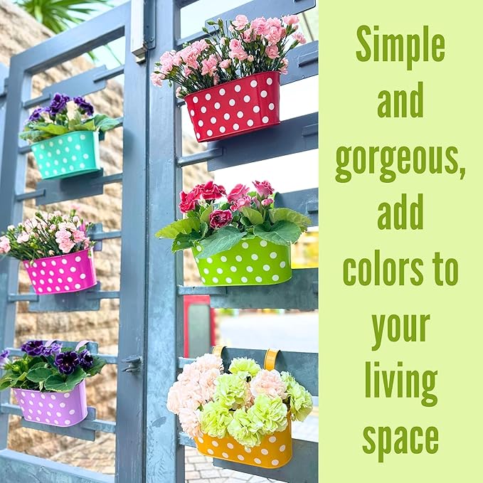 LaLaGreen Outdoor Hanging Planter (11.2 Inch, 6 Pack) Light Purple, Green, Yellow, Cadet Blue, Dark Pink, Red Metal Iron Colorful Window Boxes Polka Dot Flower Pot Deck Railings Fence Rail Porch Decor