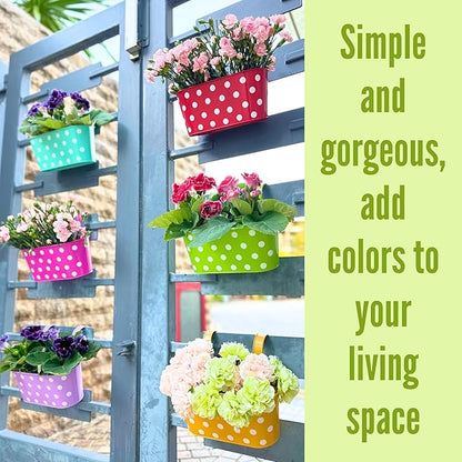 LaLaGreen Outdoor Hanging Planter (11.2 Inch, 6 Pack) Light Purple, Green, Yellow, Cadet Blue, Dark Pink, Red Metal Iron Colorful Window Boxes Polka Dot Flower Pot Deck Railings Fence Rail Porch Decor