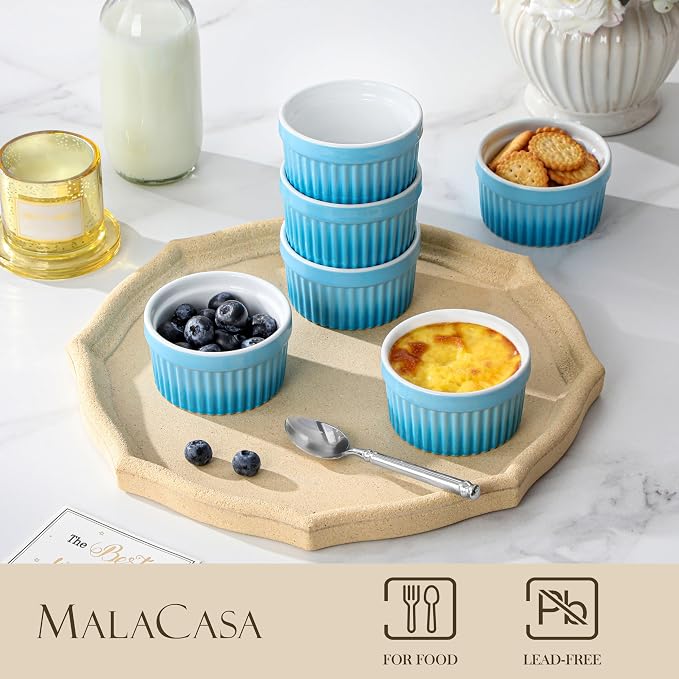 MALACASA Ramekins 4 oz Oven Safe, Small Ceramic Souffle Dishes for Creme Brulee Souffle, Stoneware Custard Cups Ramiken for Baking, Baking Bowls Dipping Sauce Dish Set of 6, Blue, Series RAMEKIN-DISH