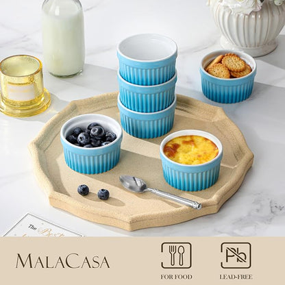 MALACASA Ramekins 4 oz Oven Safe, Small Ceramic Souffle Dishes for Creme Brulee Souffle, Stoneware Custard Cups Ramiken for Baking, Baking Bowls Dipping Sauce Dish Set of 6, Blue, Series RAMEKIN-DISH