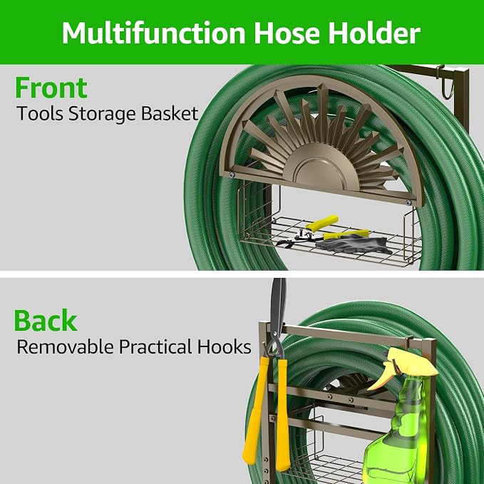 GOFORWILD Heavy Duty Garden Hose Reel with 2 Shepherds Hooks, Holds 150-Feet of 5/8 Inch Hose, 77Inch Freestanding Hose Hanger with Storage Basket
