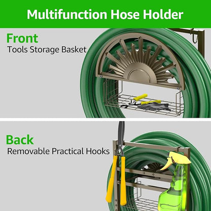 GOFORWILD Heavy Duty Garden Hose Reel with 2 Shepherds Hooks, Holds 150-Feet of 5/8 Inch Hose, 77Inch Freestanding Hose Hanger with Storage Basket