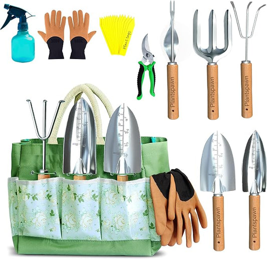 9 PCS Gardening Tools Set with Bag | Heavy-Duty Rust-Proof Hand Tools, with Wooden Handles 15 Plant Tags Included | Garden Tools, Gardening Essentials, Garden Supplies Gift for Men, Women & Gardeners