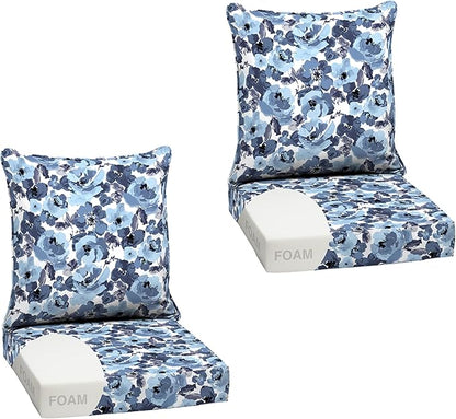 Arden Outdoor Foam Deep Seat Cushion Set (2-Pack), 24x24, Premium High-Density Foam, Never Flattens, Weather-Proof for Patio Chair Sofa Couch, Blue Garden Floral