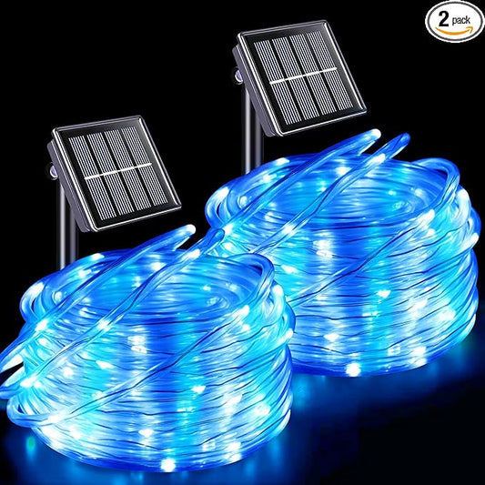 YEGUO Solar Christmas Lights Outdoor Waterproof, 2 Packs Each 33ft 100 LED Rope Lights, 8 Modes Fairy String Lights in Clear Thin Tube for Camping Fence Patio Garden Trampoline Deck(Blue and White)