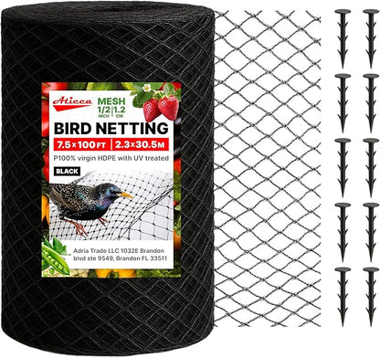 ATICCA Heavy Duty Bird Netting for Garden Protection & Fruit Trees, 7.5x100 Ft with 10 Stakes – Black Anti-Bird Net for Poultry, Deer, & Squirrel Protection, Durable Nylon Mesh for Garden and Yard Use