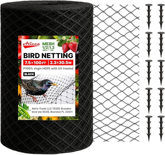 ATICCA Heavy Duty Bird Netting for Garden Protection & Fruit Trees, 7.5x100 Ft with 10 Stakes – Black Anti-Bird Net for Poultry, Deer, & Squirrel Protection, Durable Nylon Mesh for Garden and Yard Use