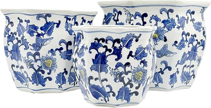 Galt International Blue & White w/Yellow Accent Round Fluted Floral Porcelain Ceramic Plant Flower Planter Pot Set of 3 (7.5", 10", 13") Garden Pots Chinese Asian Design