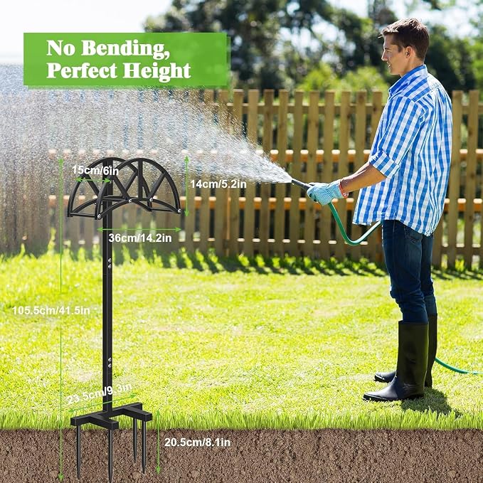 Mr IRONSTONE Garden Hose Holder Freestanding with 4 Spikes, Upgraded Water Hose Holder with Stainless Steel Screws, Heavy Duty Hose Stand Holds (Black)