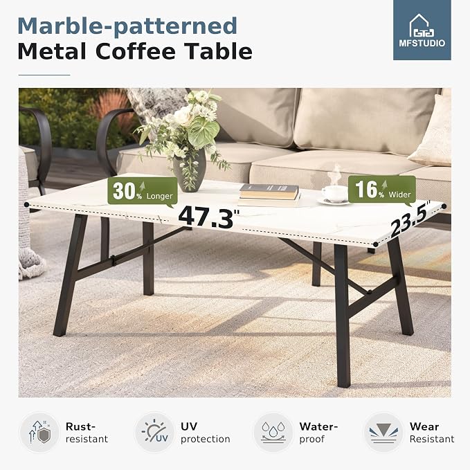 MFSTUDIO 6 Pieces Metal Patio Furniture Sets, 2 Swivel Chairs, 3-Seat Loveseat Sofa, 2 Patio Chairs & 1 Marbling Coffee Table, All Weather 7 Seats Outdoor Conversation Set for Garden Backyard, Beige