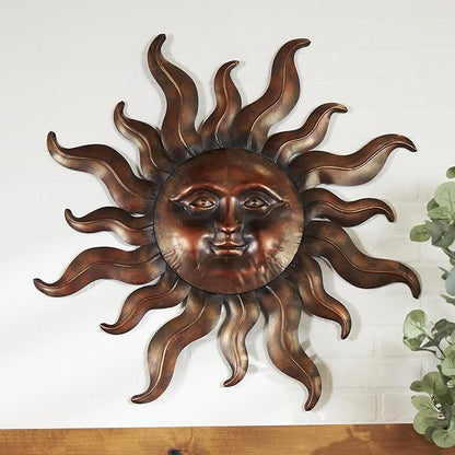 Deco 79 Metal Sun Home Wall Decor Wall Sculpture with Smiling Face and Curved Rays, Wall Art 32" x 1" x 35", Bronze