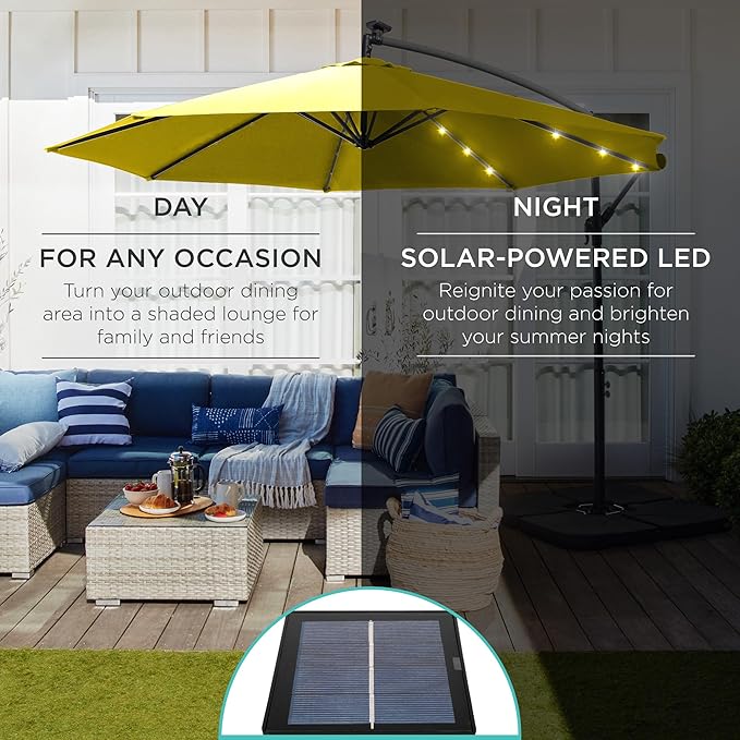 Best Choice Products 10ft Solar LED Offset Hanging Market Patio Umbrella for Backyard, Poolside, Lawn and Garden w/Easy Tilt Adjustment, Polyester Shade, 8 Ribs - Yellow