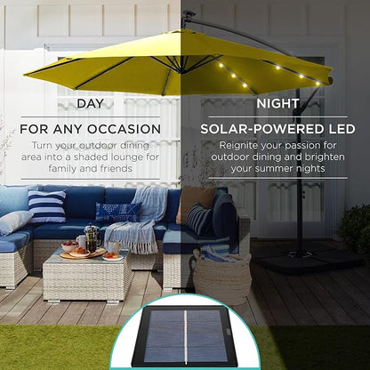 Best Choice Products 10ft Solar LED Offset Hanging Market Patio Umbrella for Backyard, Poolside, Lawn and Garden w/Easy Tilt Adjustment, Polyester Shade, 8 Ribs - Yellow