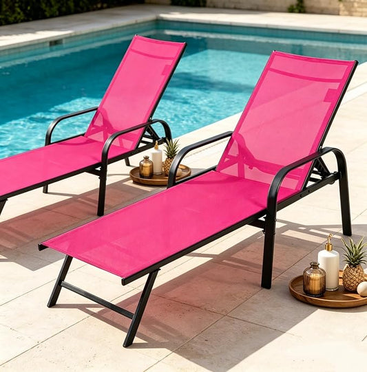 NEWBULIG Outdoor Lounge Chair for Pool Set of 2, with 5-Position Recliner, 350 lbs Heavy Duty Patio Pool Chair, Outdoor Sun Chairs with Metal Frame for Backyard, Deck, Pink