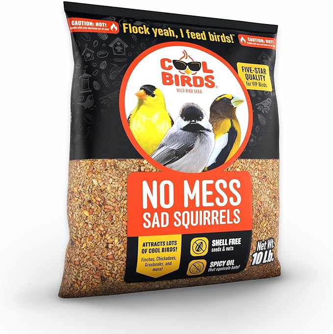 Cool Birds No Mess Sad Squirrels Hot Bird Seed – 10 lb. Spicy Shell-Free Blend with Peanuts, Sunflower Hearts & Chili Pepper Oil – No Waste, Squirrel-Resistant Bird Food for Outside Feeders