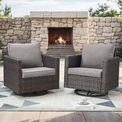 Rilyson Outdoor Patio Swivel Rocker Chairs - Wicker Patio Swivel Rocking Chairs Set of 2 with Waterproof Wicker,Comfortable Cushions and Sturdy Metal Frame for Outside Porch Deck Backyard(Brown/Grey)