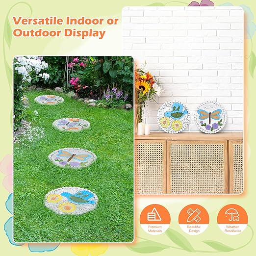 3 Pack Cement Stepping Stones Outdoor 10 Inch Round Garden Stepping Stones with Hand-Painted Flowers, Decorative Patio Pavers for Outside Walkway, Dragonfly Butterfly Garden Decor Hummingbird Gifts