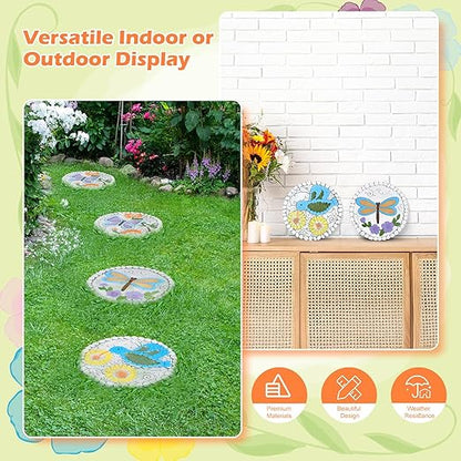 3 Pack Cement Stepping Stones Outdoor 10 Inch Round Garden Stepping Stones with Hand-Painted Flowers, Decorative Patio Pavers for Outside Walkway, Dragonfly Butterfly Garden Decor Hummingbird Gifts