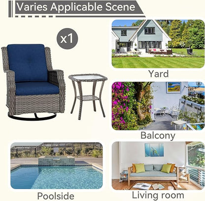 Outdoor Swivel Rocker Patio Chair with Matching Side Table - 360 Degree Patio Swivel Glider Chair with 3.5" Olefin Cushions(Mixed Grey/Blue)