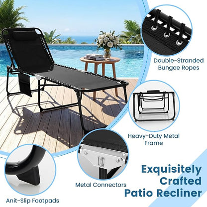 Goplus Chaise Lounge Chair, Folding 5-Postion Beach Lounge Chair with Detachable Pillow, Sunbathing Lounger, Adjustable Tanning Chair for Patio Lawn Pool Yard Outdoor