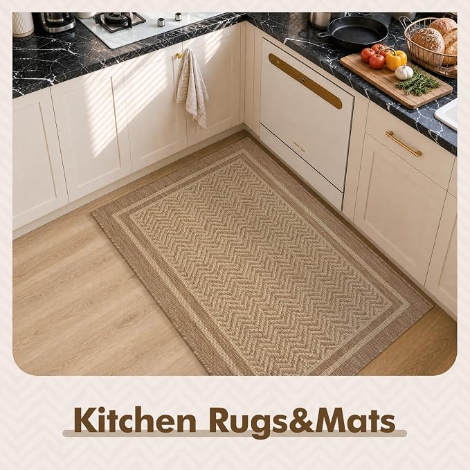 MontVoo-3x5 Outdoor Rug Porch Entryway Rug-Polypropylene Indoor Outdoor Rugs for Entryway Kitchen Balcony Patio, Textured Weave, Durable, Fade-Resistant, Non-Shedding, Boho Geometric Neutral Brown