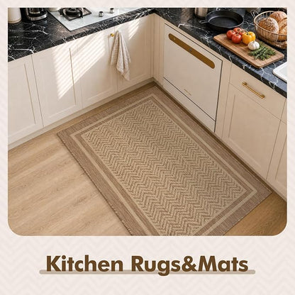 MontVoo-3x5 Outdoor Rug Porch Entryway Rug-Polypropylene Indoor Outdoor Rugs for Entryway Kitchen Balcony Patio, Textured Weave, Durable, Fade-Resistant, Non-Shedding, Boho Geometric Neutral Brown
