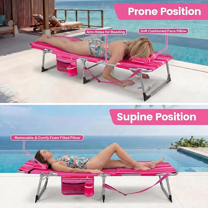Giantex Tanning Chair, 330Lbs Patio Lounge Chair with 5 Adjustable Position, Face & Arm Hole, Hand/Shoulder Strap, Removable Pillow, Side Pocket, Chaise Lounger for Beach Sunbathing Outdoor