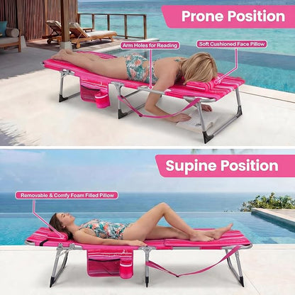 Giantex Set of 2 Tanning Chair, 5-Position Adjustable Beach Chair with Face & Arm Hole, Hand/Shoulder Strap, Removable Pillow, Side Pocket, Load 330 Lbs, Sunbathing Chairs, Lounge Chairs Outdoor