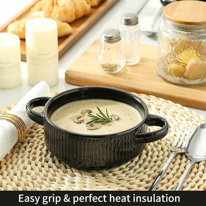 Soup Bowls with Handles, 23 oz French Onion Soup Crocks, Stackable Soup Bowl Oven Safe for Chili, Beef Stew, Embossment Ceramic Bowl Set - 5.4 Inch, Set of 4,Black