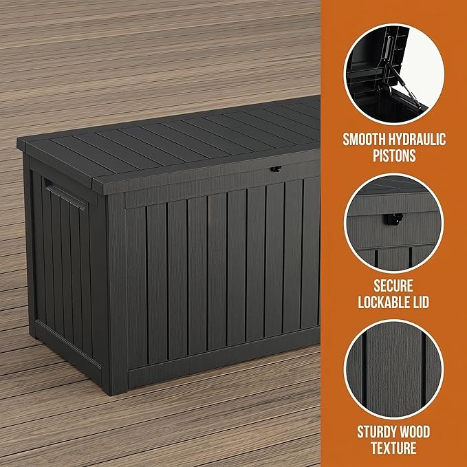 230 Gallon Deck Box, Waterproof Resin Outdoor Storage Box Lockable for Patio Furniture, Fade Resistant Patio Side Table & Organizer for Garden Tools, Pool Floats, Outdoor Cushions, Black