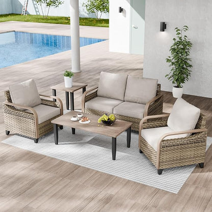 Modern Wicker Patio Furniture Set, Rattan Outdoor Conversation Set with Comfortable Cushions, 2 Patio Chairs, 2 Seat Loveseat, Coffee Table and Side Table, 5 Pieces, Brown/Gray