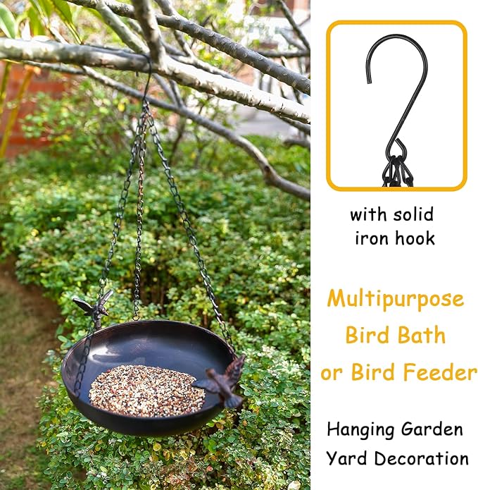 Hanging Bird Bath Feeder for Outdoor, 23" H Metal Birdbath with Cast Iron Bird Decor, Vintage Tray for Garden Yard Patio, Brown