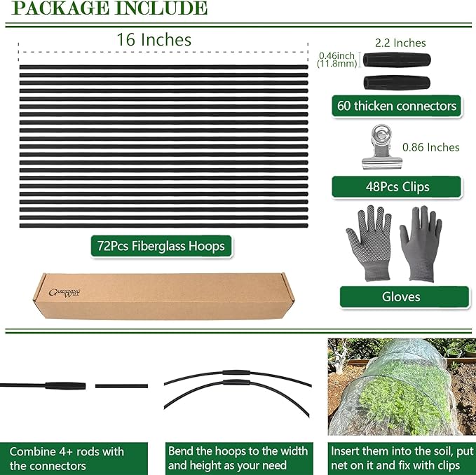 72PCS Garden Hoops Grow Tunnel Kit - 8FT Rust-Free Fiberglass Arches with Plastics Coating (12 Sets) for Raised Beds, Plant Support, Shade Cloth Net, Insect Netting & Row Cover Protection