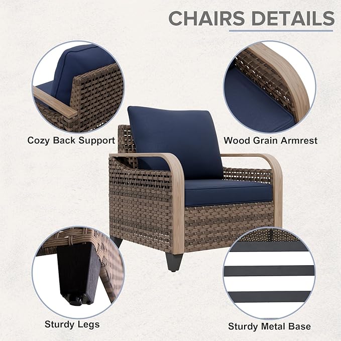 COOS BAY Modern Wicker Outdoor Furniture Set, Patio Conversation Set with Patio Chairs, 2 Seat Loveseat, Coffee Table and Side Table, 5 Piece, Brown/Blue