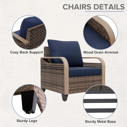 COOS BAY Modern Wicker Outdoor Furniture Set, Patio Conversation Set with Patio Chairs, 2 Seat Loveseat, Coffee Table and Side Table, 5 Piece, Brown/Blue