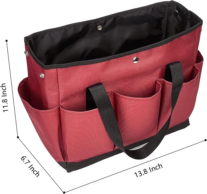 Garden Tool Bag with Interior Exterior Side Pockets, Gardening Tote Bag for Garden Plant Tool Set Store Content Bag, 8 Storage Pockets (Red)