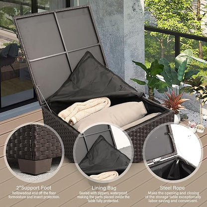 Patio Furniture Set 3 Piece Outdoor Sectional Sofa Set with Wicker Couch, Ottoman, Patio Table with Storage All-Weather Anti-Slip Cushions and Waterproof Covers, Khaki