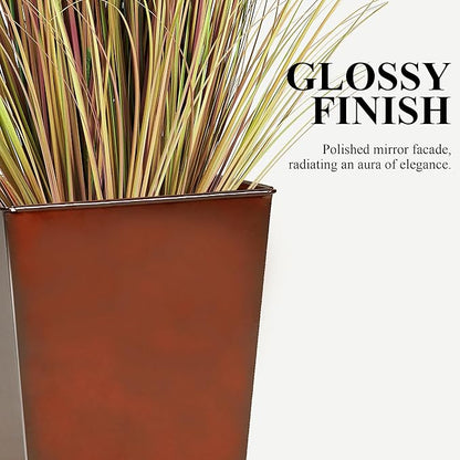 Worth Garden Large Metal Glazed Planter Set of 2 (25" + 28"), Luxurious Glossy Finish Red Tall Square Tapered Steel Plant Pot, Decor Flower Pot Indoor & Outdoor, Drainage Hole & Dual-Purpose Saucer