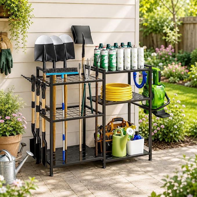 Garden Tool Organizer, 33.8×11.8×32inch Heavy-Duty Steel Garden Tool Rack Storage, Yard Tool Tower Rack for Garage Organizers and Storage, Holds Long-Handled Tools/Rakes/Brooms, Outdoor