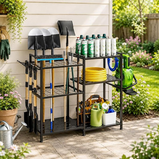 Garden Tool Organizer, 33.8×11.8×32inch Heavy-Duty Steel Garden Tool Rack Storage, Yard Tool Tower Rack for Garage Organizers and Storage, Holds Long-Handled Tools/Rakes/Brooms, Outdoor