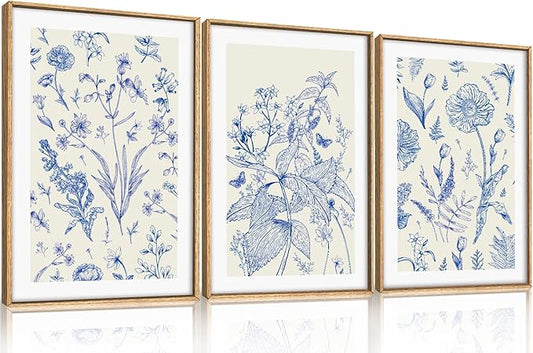 KAIRNE Navy Blue and White Floral Framed Canvas Wall Art Set,Chinoiserie Flower Wall Decor,Watercolor Botanical Art Prints,Modern Wildflower Artwork for Living Room,Bedroom,Farmhouse,Office-16 x24 x3