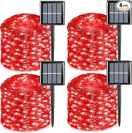 YEGUO 4 Pack Red Solar Fairy Lights, Each 33ft 100 LED Christmas Lights Outdoor Waterproof, 8 Modes Sliver Wire Solar String Lights