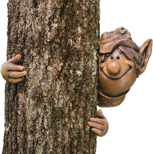 Bits and Pieces - Elf Tree Hugger - Yard Decorations - Whimsical Tree Sculpture - Garden Decoration - Garden Peeker Yard Art