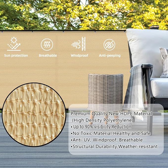 SUNLAX 3.3'x19.7' Sand Balcony Privacy Screen Fence Windscreen Cover Fabric Shade Netting Mesh Cloth with Grommets UV Protection for Patio, Backyard, Porch, Railing Shield 90%